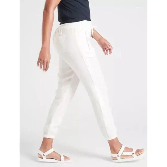 Athleta Cabo Linen Joggers Pants Womens Size 8 Petite White Zip Pockets Pull On - Picture 3 of 15